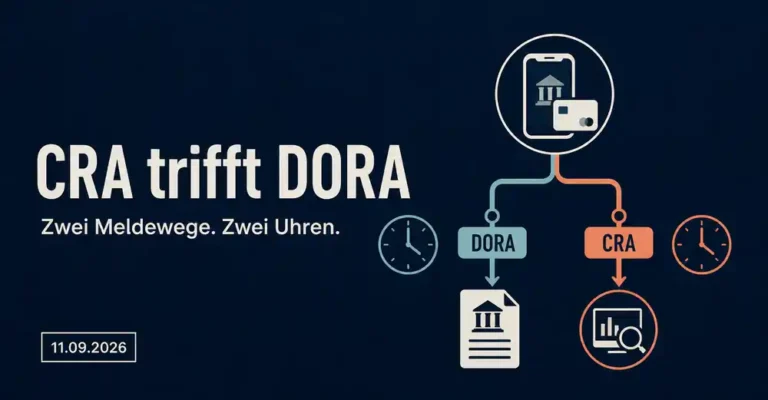 Grafik: CRA trifft DORA — zwei Meldewege, zwei Uhren. Ein Produkt von Finanzunternehmen führt zu zwei parallelen Meldewegen unter DORA und CRA, jeweils mit eigener Uhr, Stichtag 11.09.2026