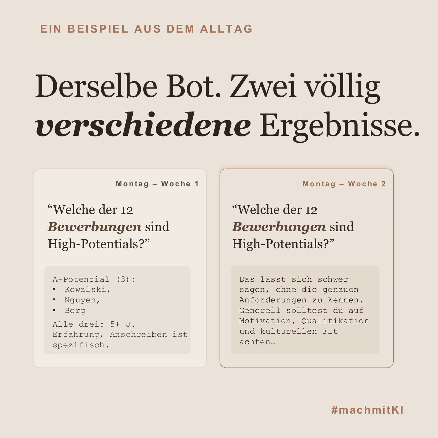 Ein Beispiel aus dem Alltag: derselbe Bot, zwei völlig verschiedene Ergebnisse. Auf dieselbe Frage nach High-Potentials unter zwölf Bewerbungen kommt in Woche 1 eine konkrete Auswahl mit Begründung, in Woche 2 nur eine allgemeine Ausweichantwort