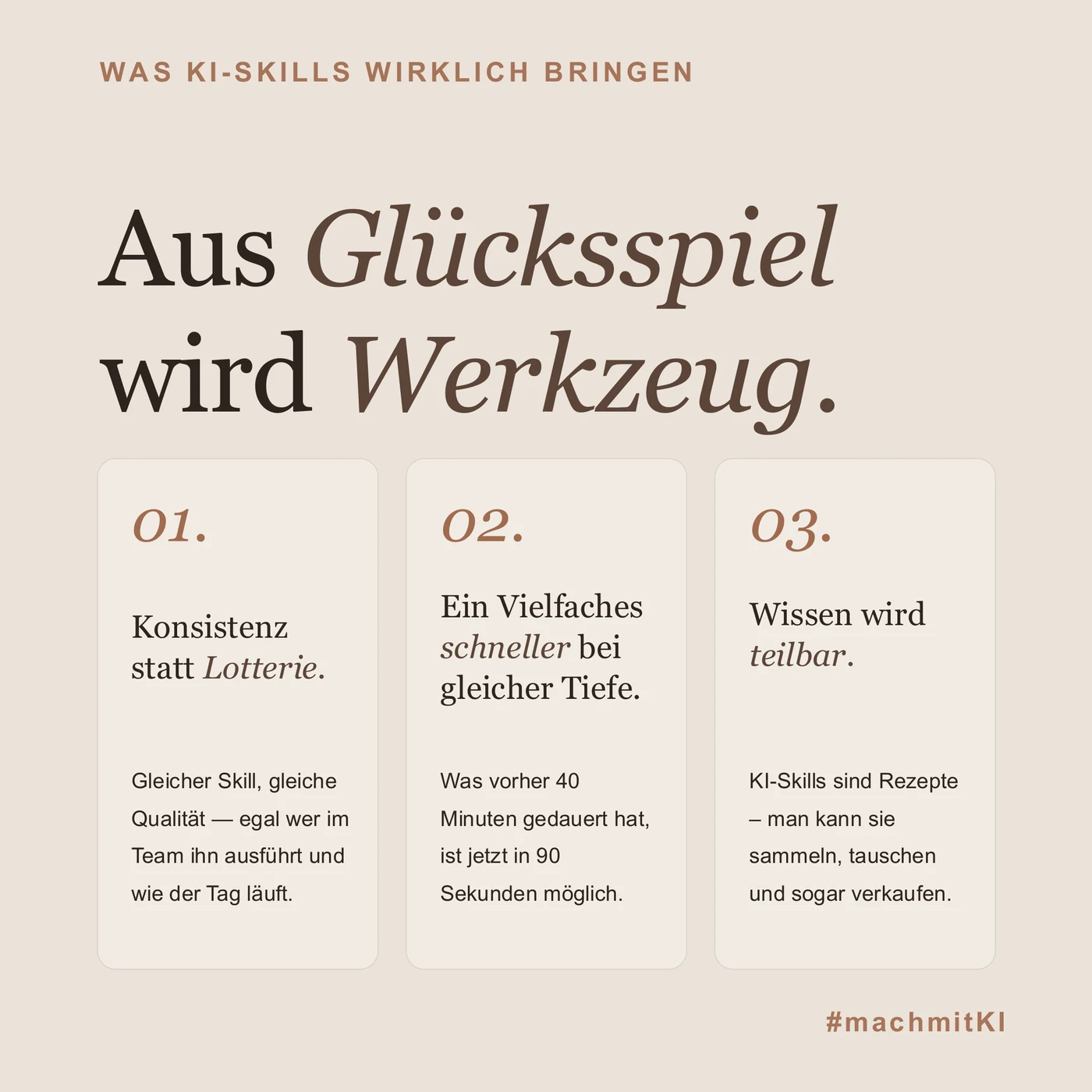 Was KI-Skills wirklich bringen: aus Glücksspiel wird Werkzeug — Konsistenz statt Lotterie, ein Vielfaches schneller bei gleicher Tiefe, und Wissen wird teilbar