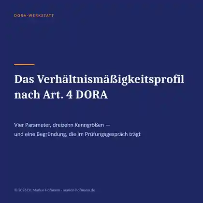 Titelseite des Karussells: Das Verhältnismäßigkeitsprofil nach Art. 4 DORA — vier Parameter, dreizehn Kenngrößen