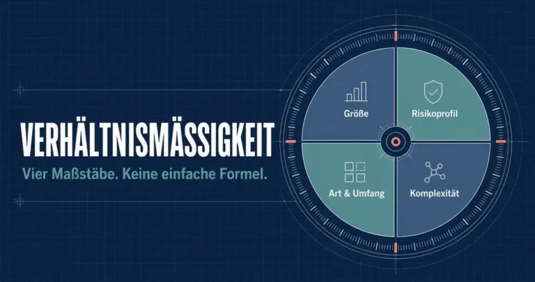 Verhältnismäßigkeit — Vier Maßstäbe. Keine einfache Formel. Zifferblatt mit vier Quadranten: Größe, Risikoprofil, Art & Umfang, Komplexität
